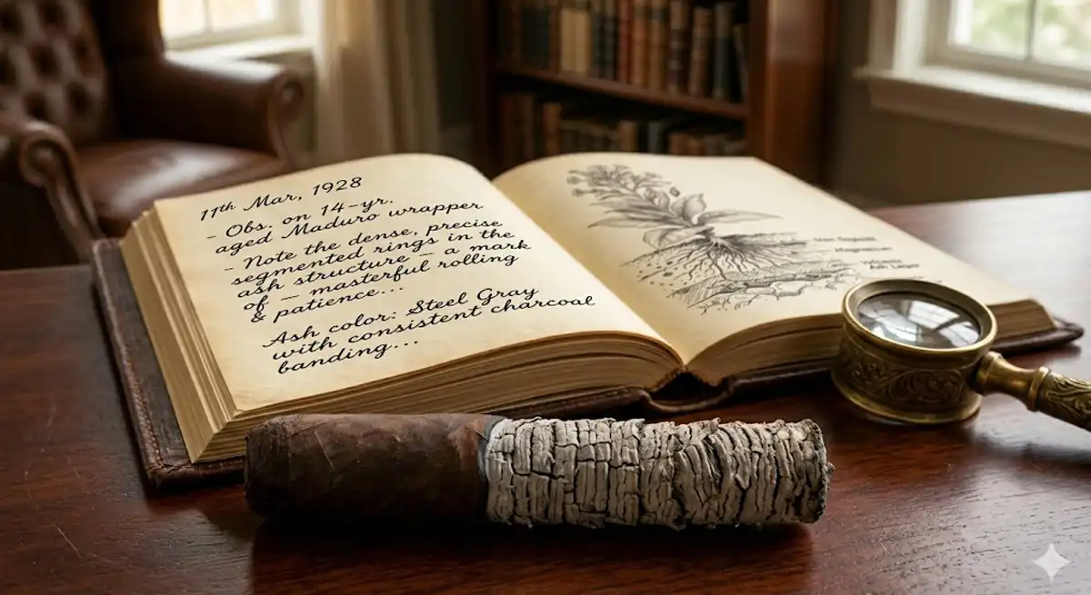 A sharp macro photograph of a premium cigar with a long, perfectly structured ringed ash column resting in a classic ashtray on a dark study desk.