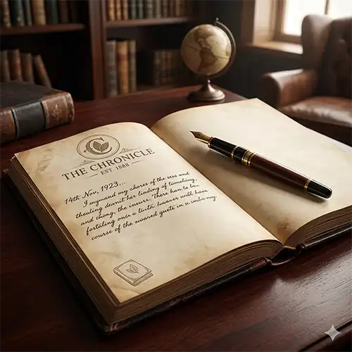 An open leather-bound archival journal titled The Chronicle resting on a dark wood desk next to a vintage fountain pen in a classic study library.
