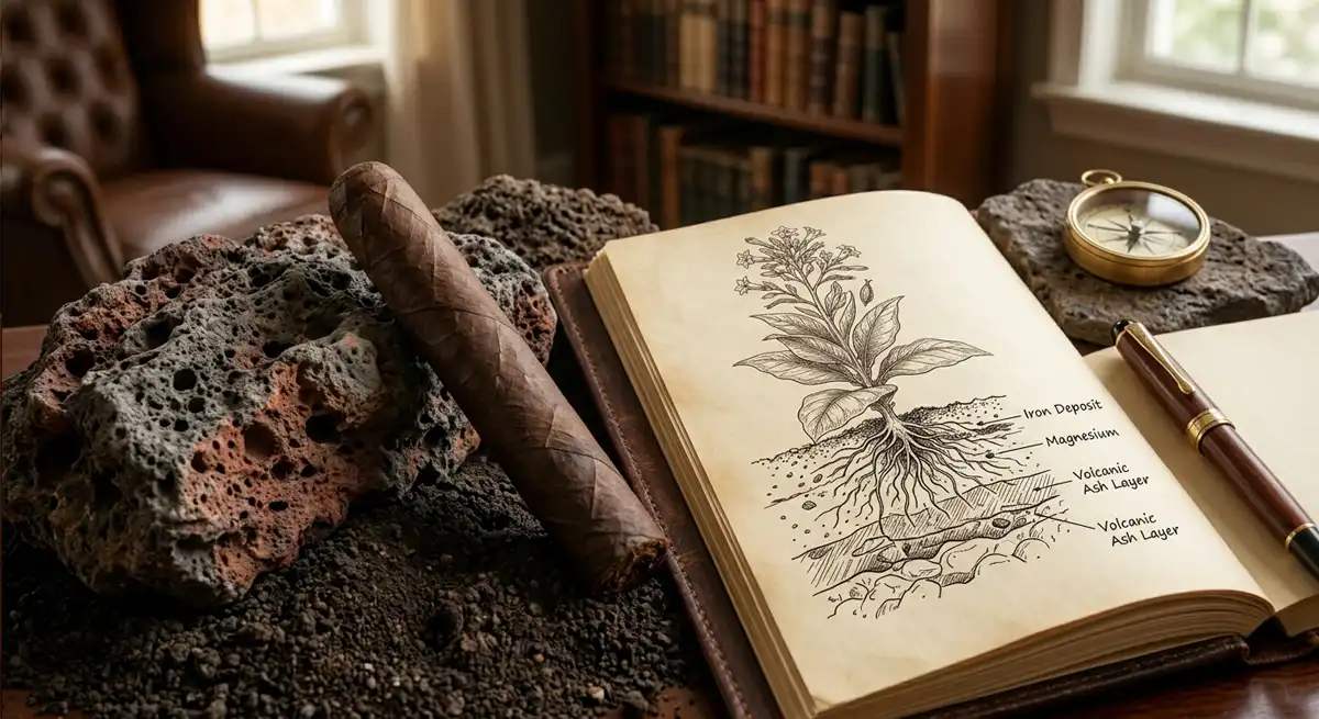 A dark premium cigar resting on volcanic earth and rocks next to an open leather-bound journal showing a vintage botanical illustration of tobacco roots growing in soil.